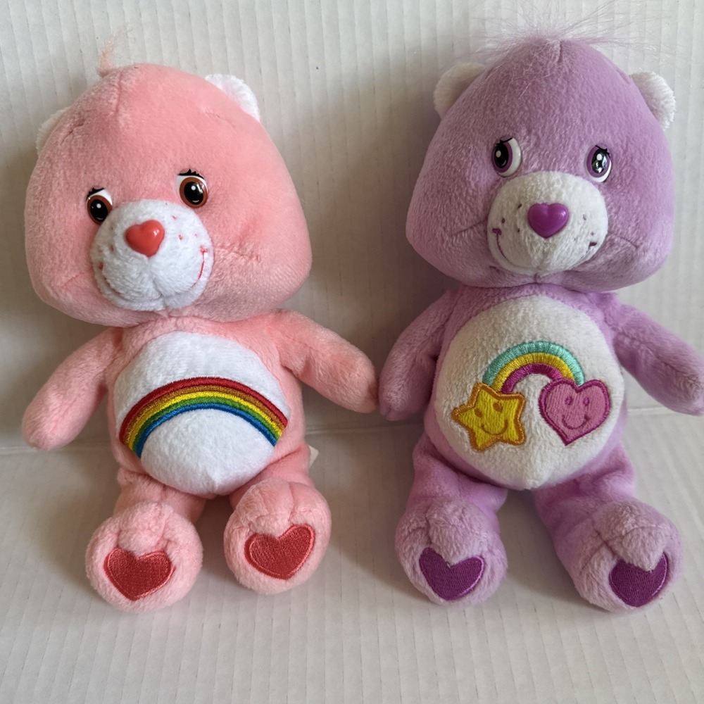 CARE BEARS 8" Cheer Bear Rainbow Plush Pink Best Friends Bear Purple Set Of 2